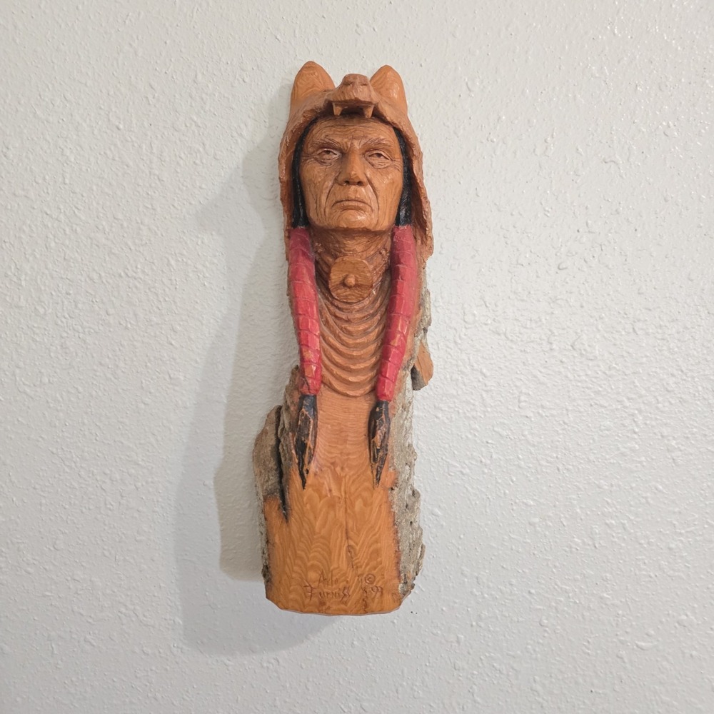Arlo Furniss Hand-carved Wooden Native American Face Signed '93 Wall Hanging